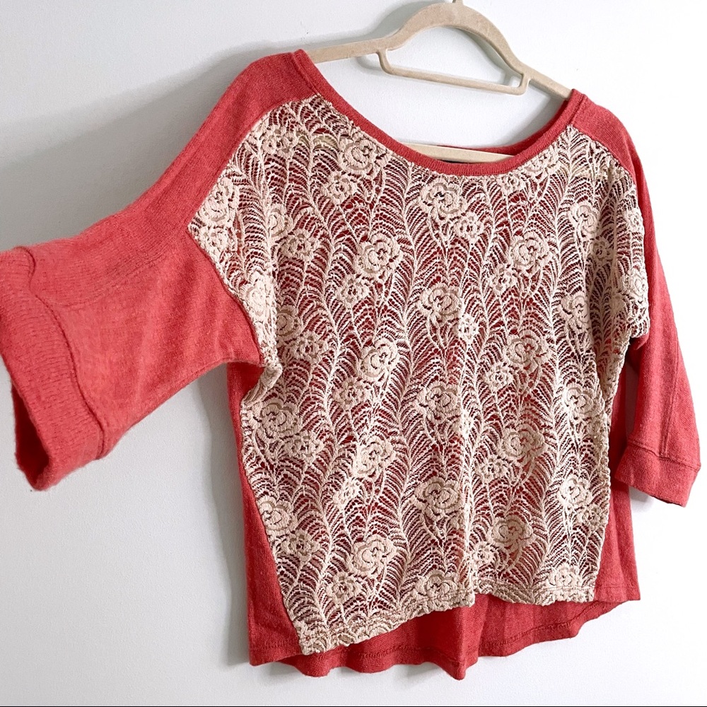 Lace Front Panel Sweater Blouse in Coral Pink w/ Macrame Open Stitch by Wet Seal